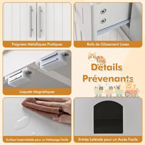 Meuble pour Bac à Litière pour Chat Armoire Latérale pour Chat 2 Tiroirs Portes Doubles Dispositifs Anti-basculement Blanc