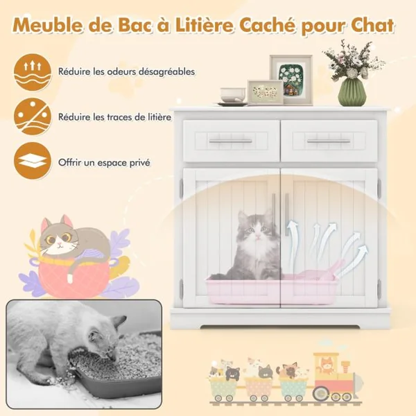 Meuble pour Bac à Litière pour Chat Armoire Latérale pour Chat 2 Tiroirs Portes Doubles Dispositifs Anti-basculement Blanc