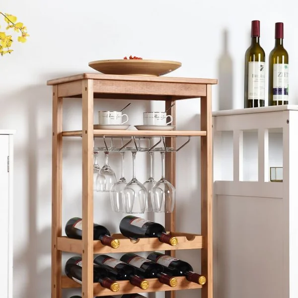 Meuble Range Bouteille à 6 Etagères avec et Porte-Verres en Acier Inox. et Bambou Présentoir à Vin