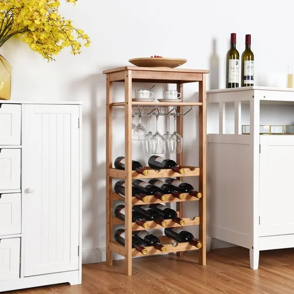 Meuble Range Bouteille à 6 Etagères avec et Porte-Verres en Acier Inox. et Bambou Présentoir à Vin