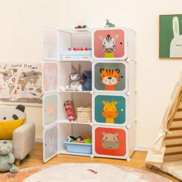 Meuble Rangement Enfants 8 Cubes avec Motif d'Animaux Armoire Modulable Enfants avec Cadre Métallique Charge 10kg Blanc