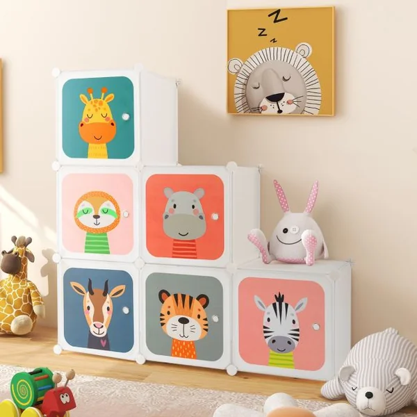 Meuble Rangement Enfants 8 Cubes avec Motif d'Animaux Armoire Modulable Enfants avec Cadre Métallique Charge 10kg Blanc