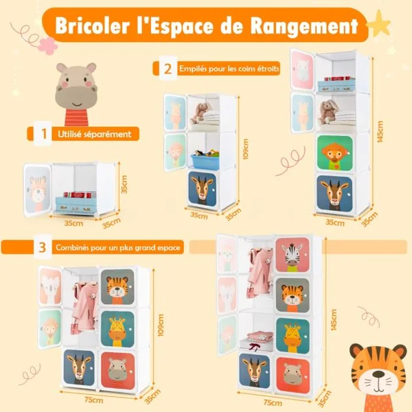 Meuble Rangement Enfants 8 Cubes avec Motif d'Animaux Armoire Modulable Enfants avec Cadre Métallique Charge 10kg Blanc