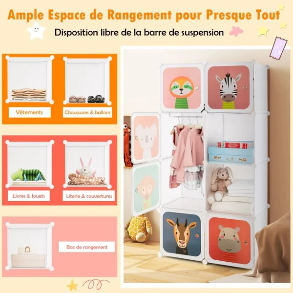Meuble Rangement Enfants 8 Cubes avec Motif d'Animaux Armoire Modulable Enfants avec Cadre Métallique Charge 10kg Blanc