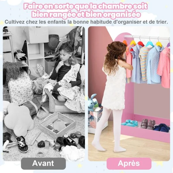 Meuble Rangement Ouverte pour Enfant avec 4 Étagères et Porte-Vêtements en Bois pour Chamre Enfant 93,5x 38 x 100 cm Blanc/Rose/Naturel