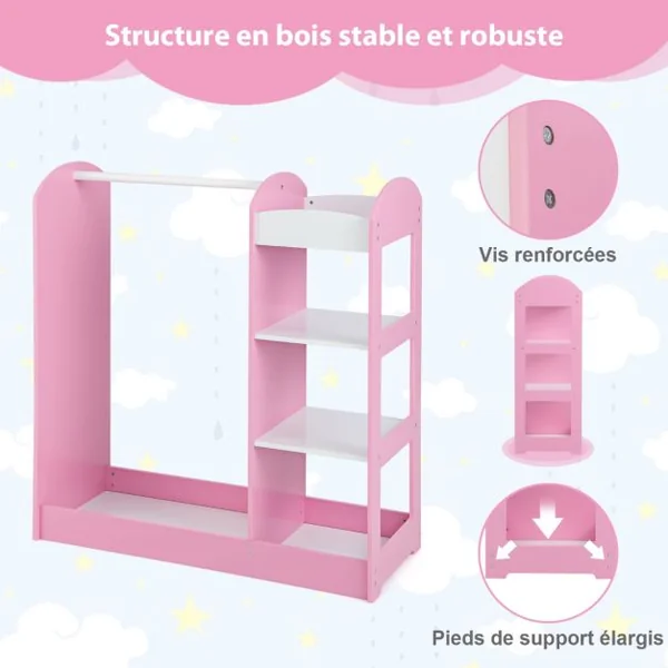 Meuble Rangement Ouverte pour Enfant avec 4 Étagères et Porte-Vêtements en Bois pour Chamre Enfant 93,5x 38 x 100 cm Blanc/Rose/Naturel
