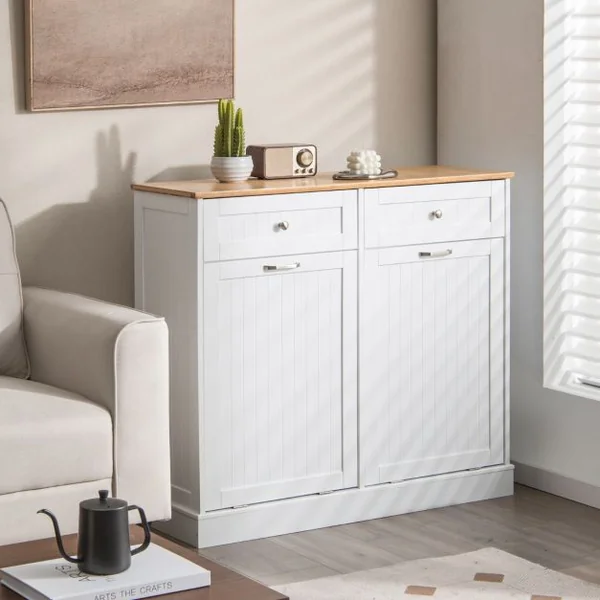 Meuble Salle de Bain avec 2 Tiroirs Armoire Commode avec Planche à Découper en Bambou Amovible 2 Placards Blanc
