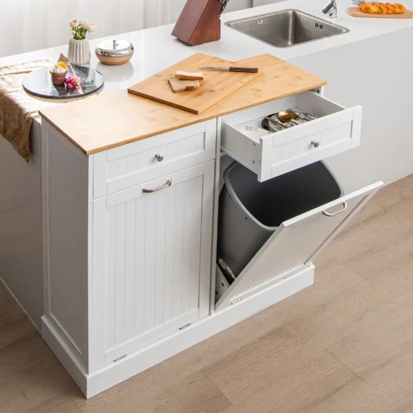 Meuble Salle de Bain avec 2 Tiroirs Armoire Commode avec Planche à Découper en Bambou Amovible 2 Placards Blanc