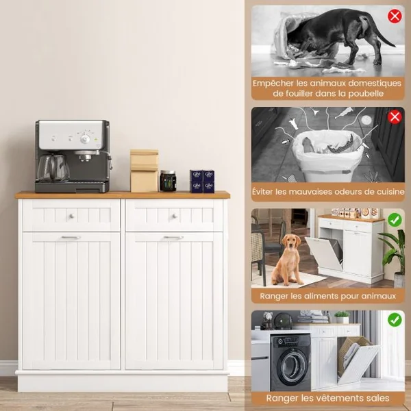 Meuble Salle de Bain avec 2 Tiroirs Armoire Commode avec Planche à Découper en Bambou Amovible 2 Placards Blanc