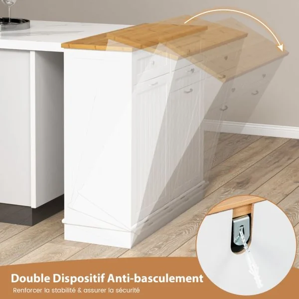 Meuble Salle de Bain avec 2 Tiroirs Armoire Commode avec Planche à Découper en Bambou Amovible 2 Placards Blanc
