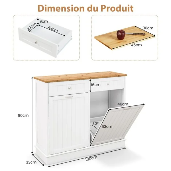 Meuble Salle de Bain avec 2 Tiroirs Armoire Commode avec Planche à Découper en Bambou Amovible 2 Placards Blanc