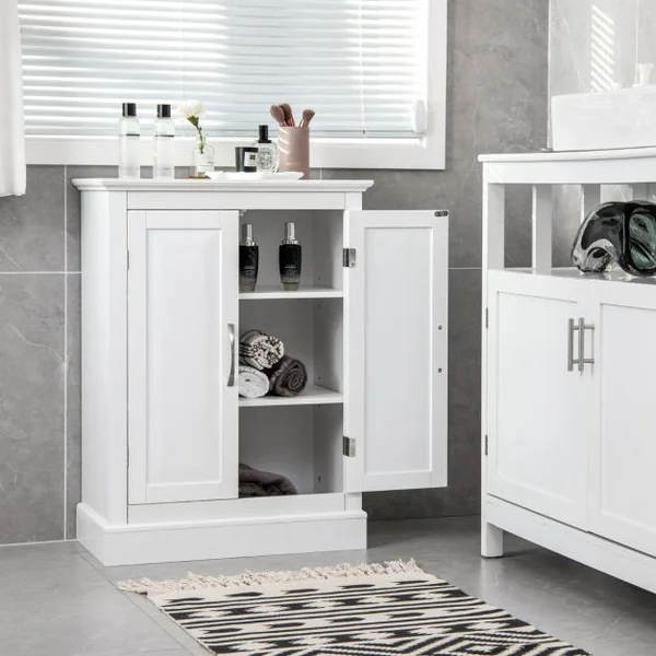 Meuble Salle de Bain Rangement avec 2 Porte et 2 Étagères Réglables Armoire Salle de Bain Commode de Rangement 60 x 32 x 81 cm Blanc