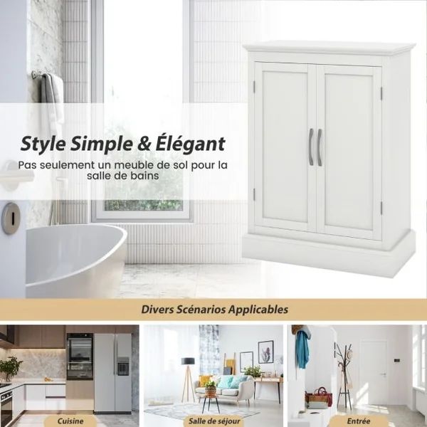 Meuble Salle de Bain Rangement avec 2 Porte et 2 Étagères Réglables Armoire Salle de Bain Commode de Rangement 60 x 32 x 81 cm Blanc