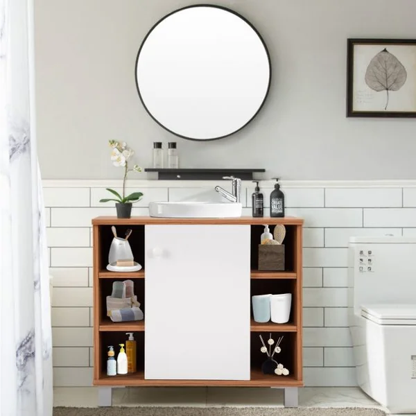 Meuble sous lavabo Meuble salle de bain Armoire sous lavabo, autoportant, 3 Etagères avec porte, 60x54x32 cm, Blanc