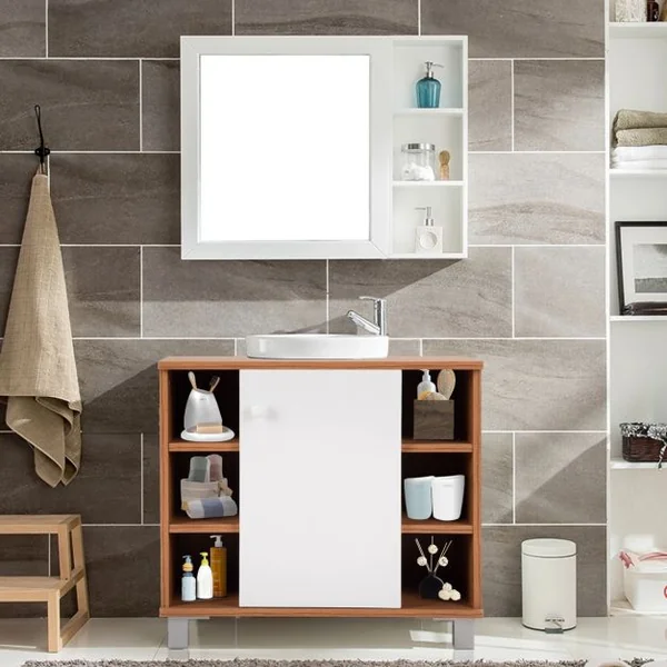Meuble sous lavabo Meuble salle de bain Armoire sous lavabo, autoportant, 3 Etagères avec porte, 60x54x32 cm, Blanc