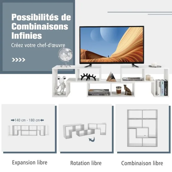 Meuble TV 3 Pièces 134-180x30x43cm Combination Libre pour Télévision Jusqu’à 49 Pouces pour Salon Chambre Bureau en MDF Noir/Blanc/Café/Gris