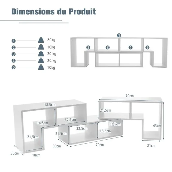Meuble TV 3 Pièces 134-180x30x43cm Combination Libre pour Télévision Jusqu’à 49 Pouces pour Salon Chambre Bureau en MDF Noir/Blanc/Café/Gris