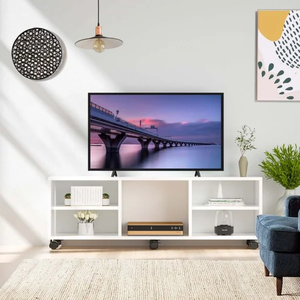 Meuble TV avec 6 Roues Verrouillables 140 x 40 x 47 CM Banc TV Moderne avec 5 Étagères pour Salon et Chambre Blanc