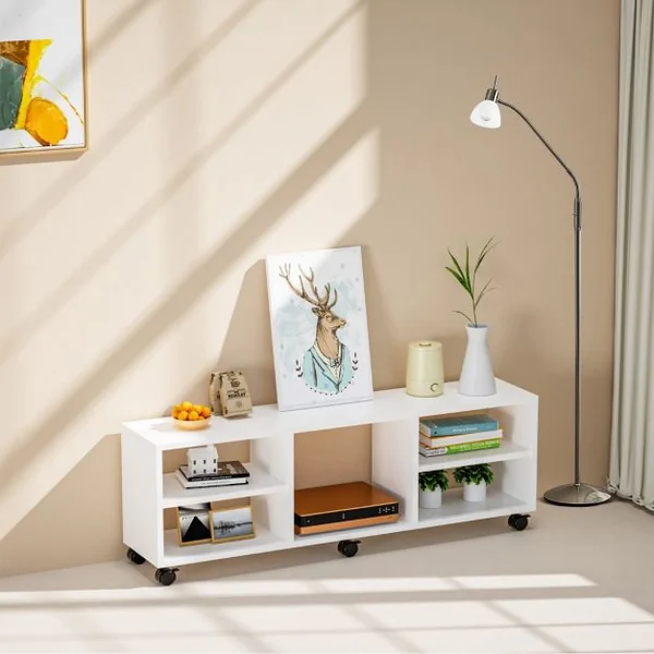 Meuble TV avec 6 Roues Verrouillables 140 x 40 x 47 CM Banc TV Moderne avec 5 Étagères pour Salon et Chambre Blanc