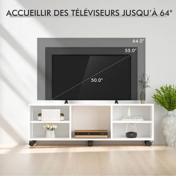 Meuble TV avec 6 Roues Verrouillables 140 x 40 x 47 CM Banc TV Moderne avec 5 Étagères pour Salon et Chambre Blanc