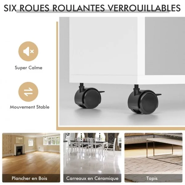 Meuble TV avec 6 Roues Verrouillables 140 x 40 x 47 CM Banc TV Moderne avec 5 Étagères pour Salon et Chambre Blanc