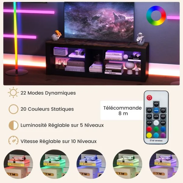 Meuble TV avec Eclairage LED pour TV Jusqu'à 65 Pouces Centre de Divertissement Moderne Etagères Réglables en Verre Trempé Noir et Marron