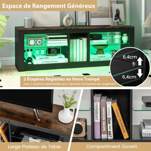 Meuble TV avec Eclairage LED pour TV Jusqu'à 65 Pouces Centre de Divertissement Moderne Etagères Réglables en Verre Trempé Noir et Marron