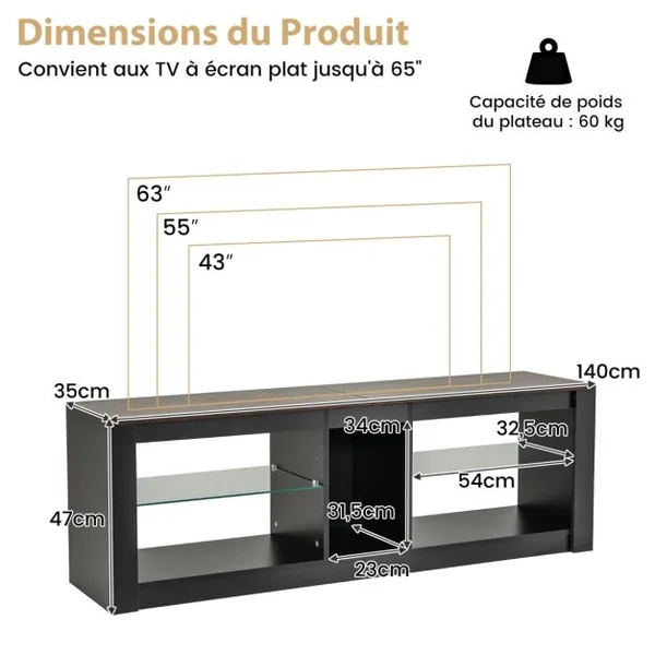 Meuble TV avec Eclairage LED pour TV Jusqu'à 65 Pouces Centre de Divertissement Moderne Etagères Réglables en Verre Trempé Noir et Marron