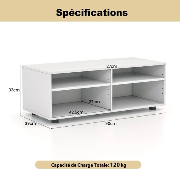Meuble TV avec Rangement Table Console TV 4 Cubes avec étagères réglables Centre de Divertissement Média pour TV jusqu'à 101 cm Blanc