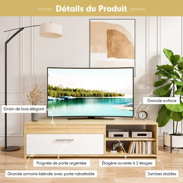 Meuble TV Banc TV Multimédia 120 CM pour TV Jusqu'à 49 " avec 1 Placard Latéral et 2 Étagères à Stockage