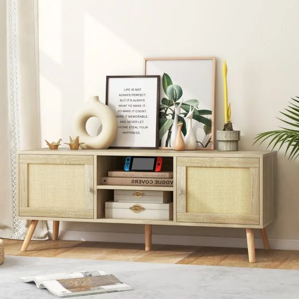 Meuble TV Bois Meuble Tele à Porte Cannage avec 4 Compartiments pour TV 55" Banc TV à 4 Pieds en Bois Massif Style Bohème 120 x 40 x 40,5 cm Naturel