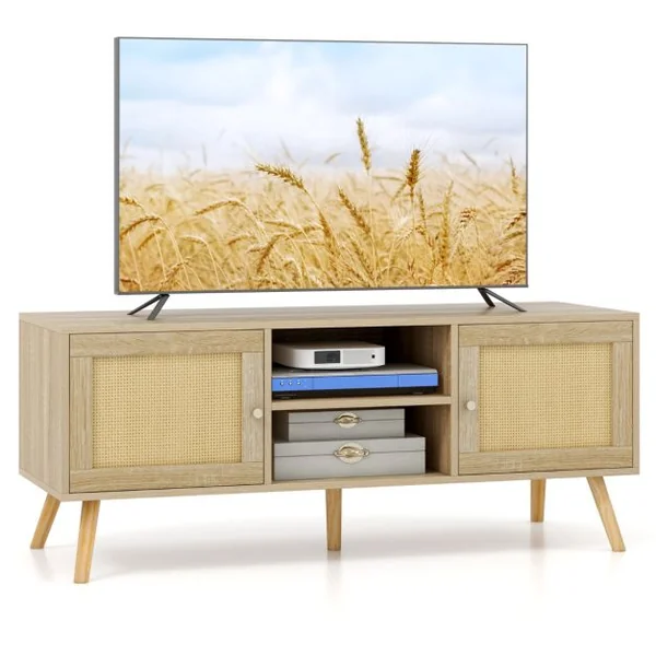 Meuble TV Bois Meuble Tele à Porte Cannage avec 4 Compartiments pour TV 55" Banc TV à 4 Pieds en Bois Massif Style Bohème 120 x 40 x 40,5 cm Naturel
