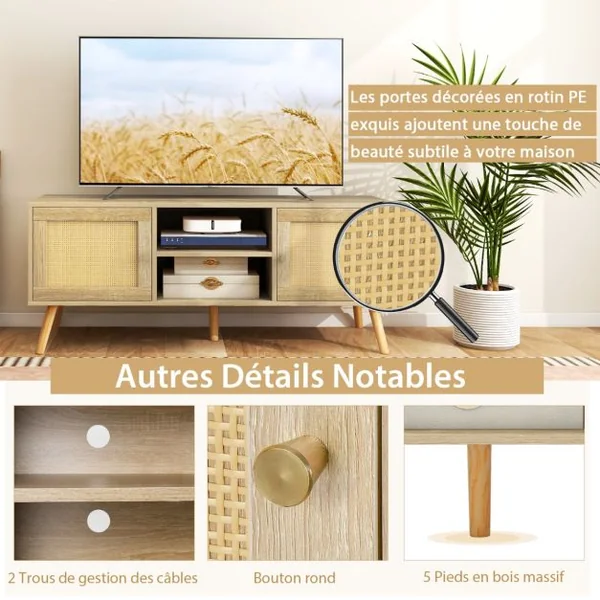 Meuble TV Bois Meuble Tele à Porte Cannage avec 4 Compartiments pour TV 55" Banc TV à 4 Pieds en Bois Massif Style Bohème 120 x 40 x 40,5 cm Naturel