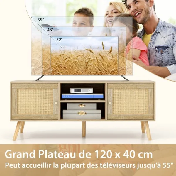 Meuble TV Bois Meuble Tele à Porte Cannage avec 4 Compartiments pour TV 55" Banc TV à 4 Pieds en Bois Massif Style Bohème 120 x 40 x 40,5 cm Naturel