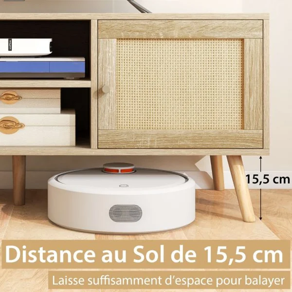 Meuble TV Bois Meuble Tele à Porte Cannage avec 4 Compartiments pour TV 55" Banc TV à 4 Pieds en Bois Massif Style Bohème 120 x 40 x 40,5 cm Naturel