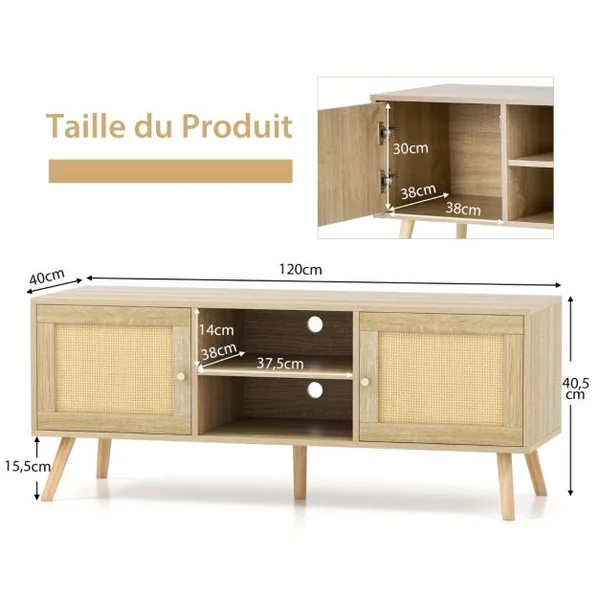 Meuble TV Bois Meuble Tele à Porte Cannage avec 4 Compartiments pour TV 55" Banc TV à 4 Pieds en Bois Massif Style Bohème 120 x 40 x 40,5 cm Naturel