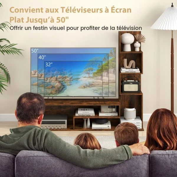 Meuble TV Cubique pour Téléviseurs Jusqu'à 50 Pouces Console Multimédia avec Etagères de Rangement en ‘L’ Blanc/Marron Rustique