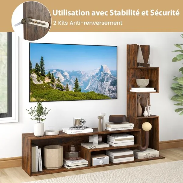 Meuble TV Cubique pour Téléviseurs Jusqu'à 50 Pouces Console Multimédia avec Etagères de Rangement en ‘L’ Blanc/Marron Rustique