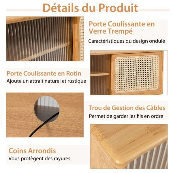 Meuble TV en Bambou avec 4 Compartiments pour TV 55" au Max Banc TV à 4 Pieds en Bois Massif 2 Portes Coulissantes en Rotin et Verre Trempé 120,5x31x45,5cm