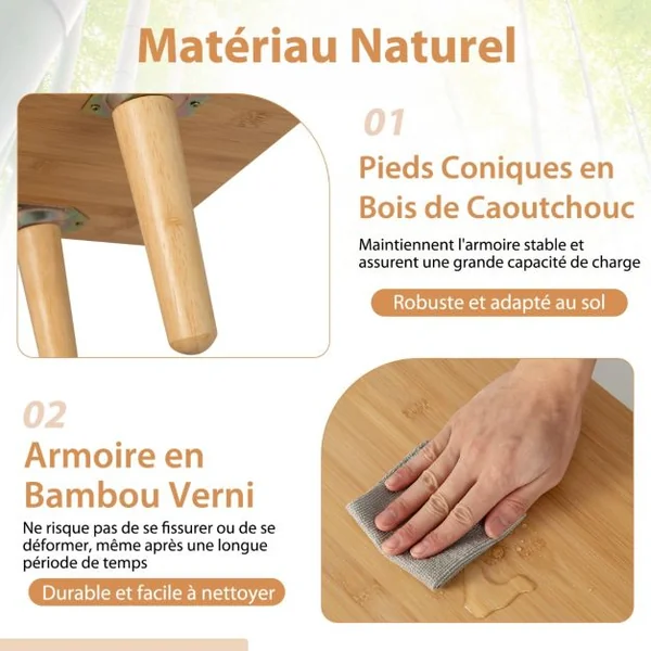 Meuble TV en Bambou avec 4 Compartiments pour TV 55" au Max Banc TV à 4 Pieds en Bois Massif 2 Portes Coulissantes en Rotin et Verre Trempé 120,5x31x45,5cm