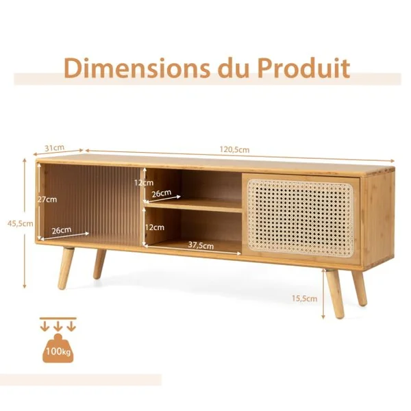 Meuble TV en Bambou avec 4 Compartiments pour TV 55" au Max Banc TV à 4 Pieds en Bois Massif 2 Portes Coulissantes en Rotin et Verre Trempé 120,5x31x45,5cm