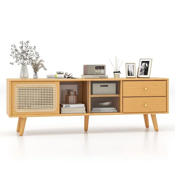 Meuble TV en Bambou pour TV 65" avec 2 Compartiments 2 Tiroirs Porte Coulissantes pour Salon Chambre, 140 x 31 x 45,5 cm