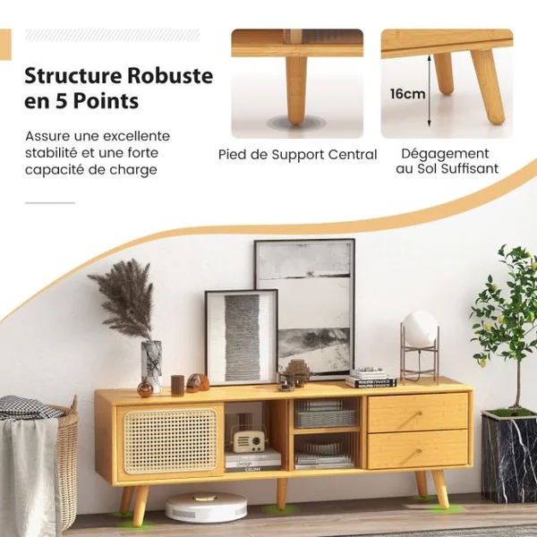Meuble TV en Bambou pour TV 65" avec 2 Compartiments 2 Tiroirs Porte Coulissantes pour Salon Chambre, 140 x 31 x 45,5 cm