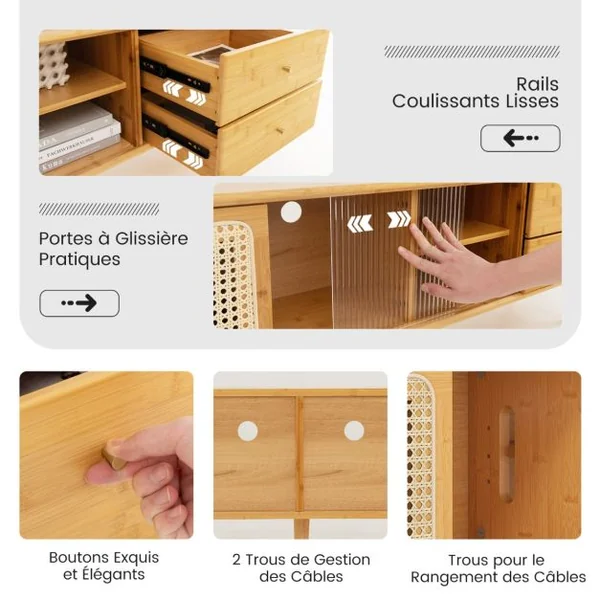 Meuble TV en Bambou pour TV 65" avec 2 Compartiments 2 Tiroirs Porte Coulissantes pour Salon Chambre, 140 x 31 x 45,5 cm