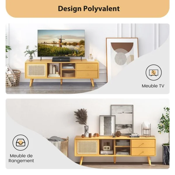 Meuble TV en Bambou pour TV 65" avec 2 Compartiments 2 Tiroirs Porte Coulissantes pour Salon Chambre, 140 x 31 x 45,5 cm