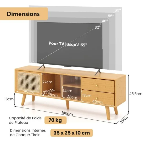 Meuble TV en Bambou pour TV 65" avec 2 Compartiments 2 Tiroirs Porte Coulissantes pour Salon Chambre, 140 x 31 x 45,5 cm
