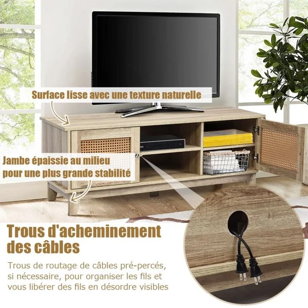 Meuble TV en Rotin avec Etagères de Rangement Réglables Structure Robuste 120x39,5x46 cm