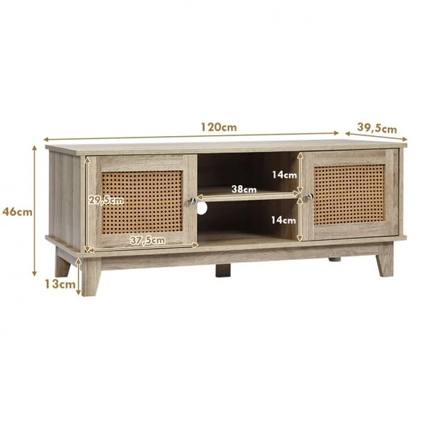Meuble TV en Rotin avec Etagères de Rangement Réglables Structure Robuste 120x39,5x46 cm