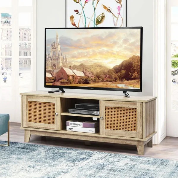 Meuble TV en Rotin avec Etagères de Rangement Réglables Structure Robuste 120x39,5x46 cm