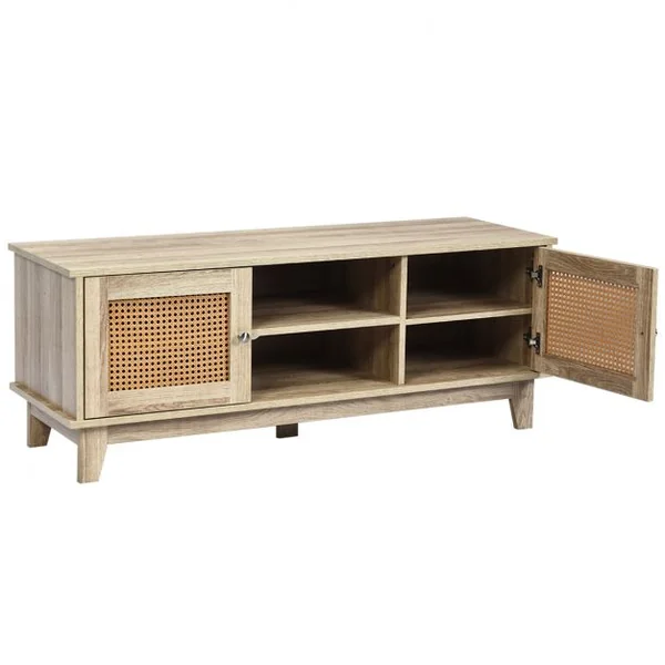 Meuble TV en Rotin avec Etagères de Rangement Réglables Structure Robuste 120x39,5x46 cm